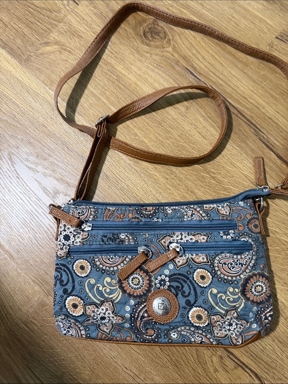 Stone Mountain Accessories Blue Paisley Floral Crossbody with Brown Trim